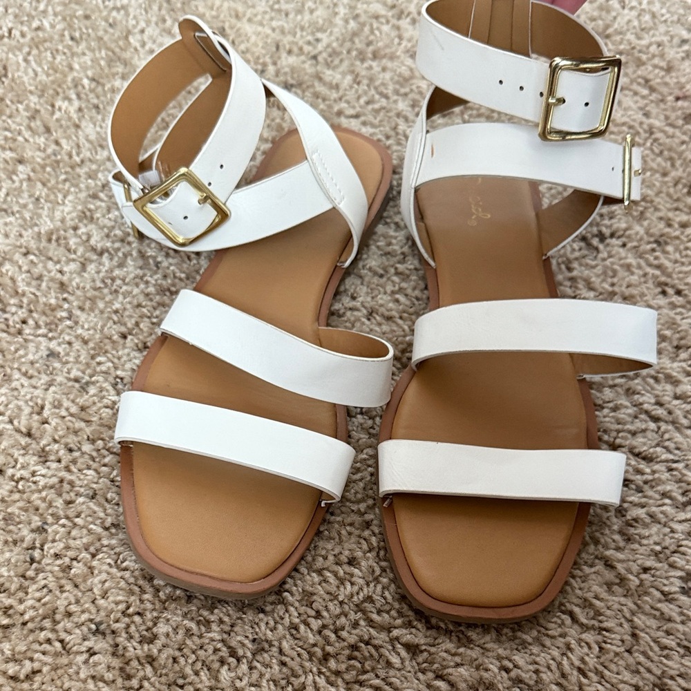 Qupid White Strappy Sandals with Gold Buckles